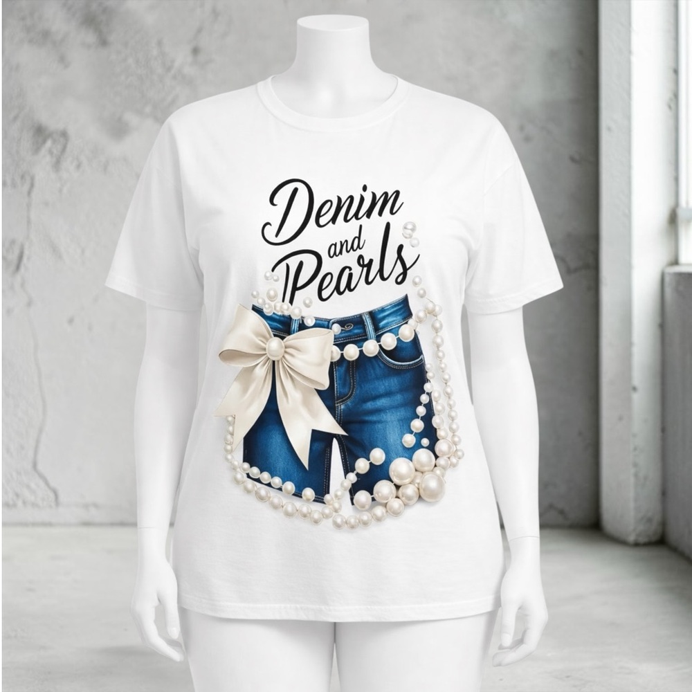 New “Denim and Pearls@ Graphic Tee - White - Picture 9 of 13